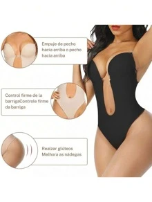 One Piece Backless Body Shaper Bodysuit With Tummy Control And Invisible Straps With Deep V Neck, Suitable For Sports And Outdoor Activities, Nightwear - Black - View 1