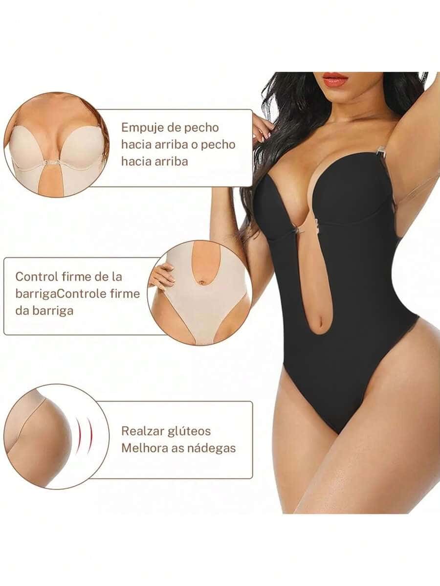 One Piece Backless Body Shaper Bodysuit With Tummy Control And Invisible Straps With Deep V Neck, Suitable For Sports And Outdoor Activities, Nightwear - Black - View 1
