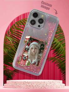 1 pieza Funda de teléfono con marco de Papá Noel de glitter líquido TPU + PC, suave y dura, personalizable con patrón de foto, a prueba de golpes, compatible con iPhone/Android/OPPO/Galaxy