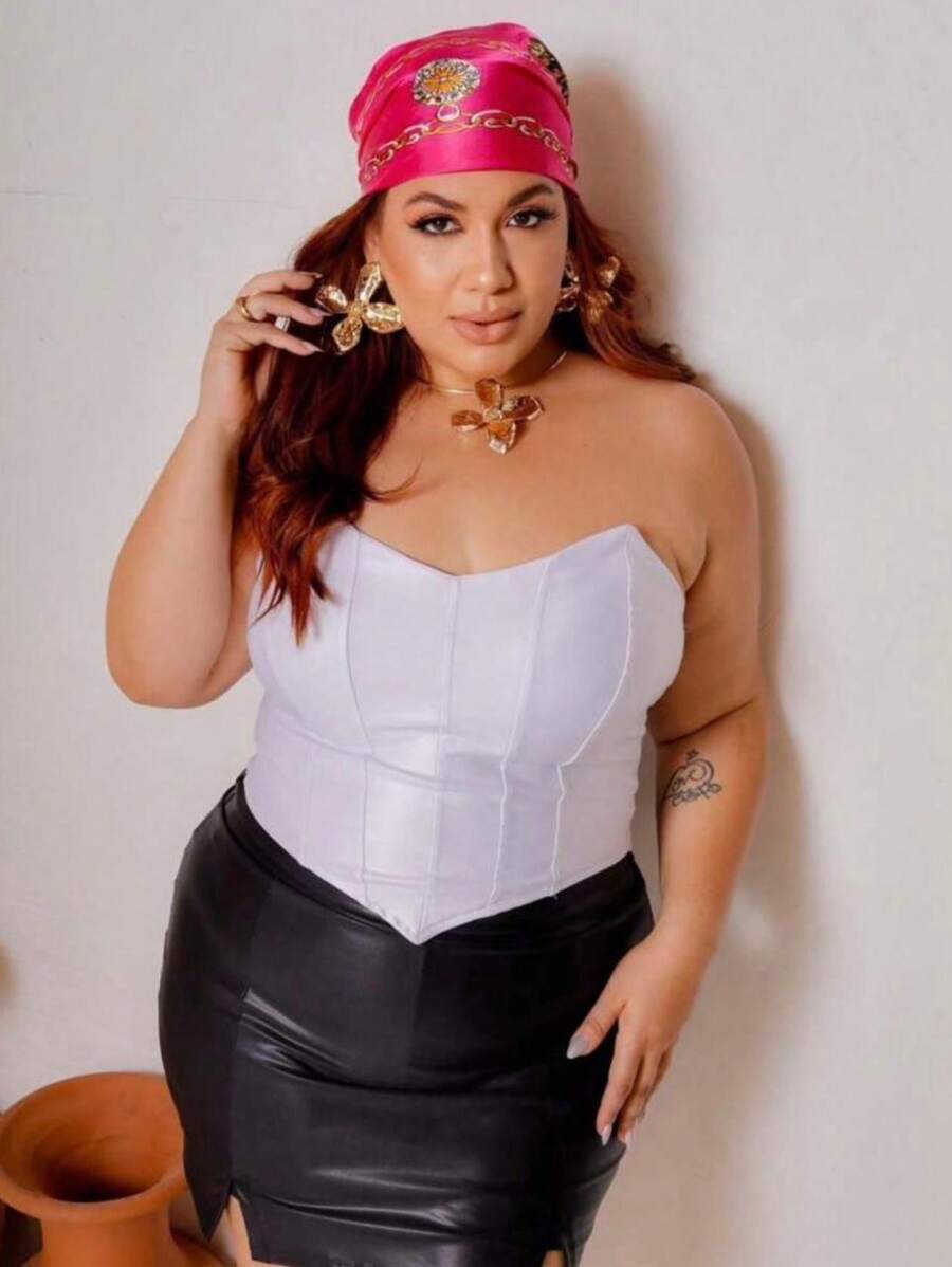 PLUS SIZE Cropped Leather Strapless Satin Corset/CORSET Elegant Sexy - trắng - Xem 1
