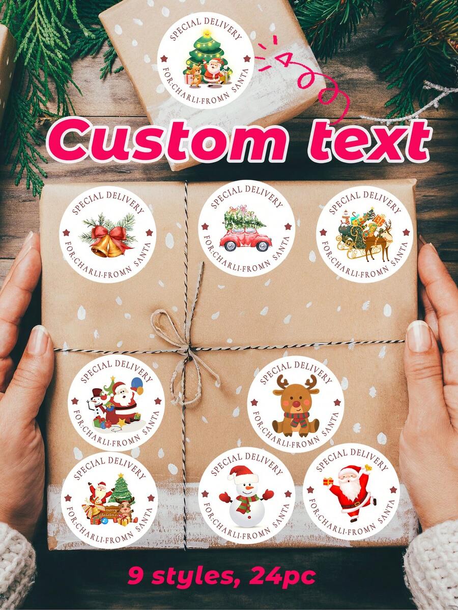 24 件圣诞节定制圆形文字圣诞包装贴纸，圣诞圆形贴纸，适用于礼品标签、信封、糖果礼品袋。圣诞花环设计，个性化圣诞快乐标签，5x5cm/9 种款式/24 件 - 彩色 - 查看 1