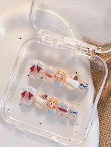 10件純手工多色穿戴式假指甲，甜美可愛甜點卡通風，果凍半透明底色，3D熊、蝴蝶結、奶油草莓與字母印花圖案，適合女性與女孩，適用春夏秋冬節慶派對與日常使用 - 彩色 - 查看 2