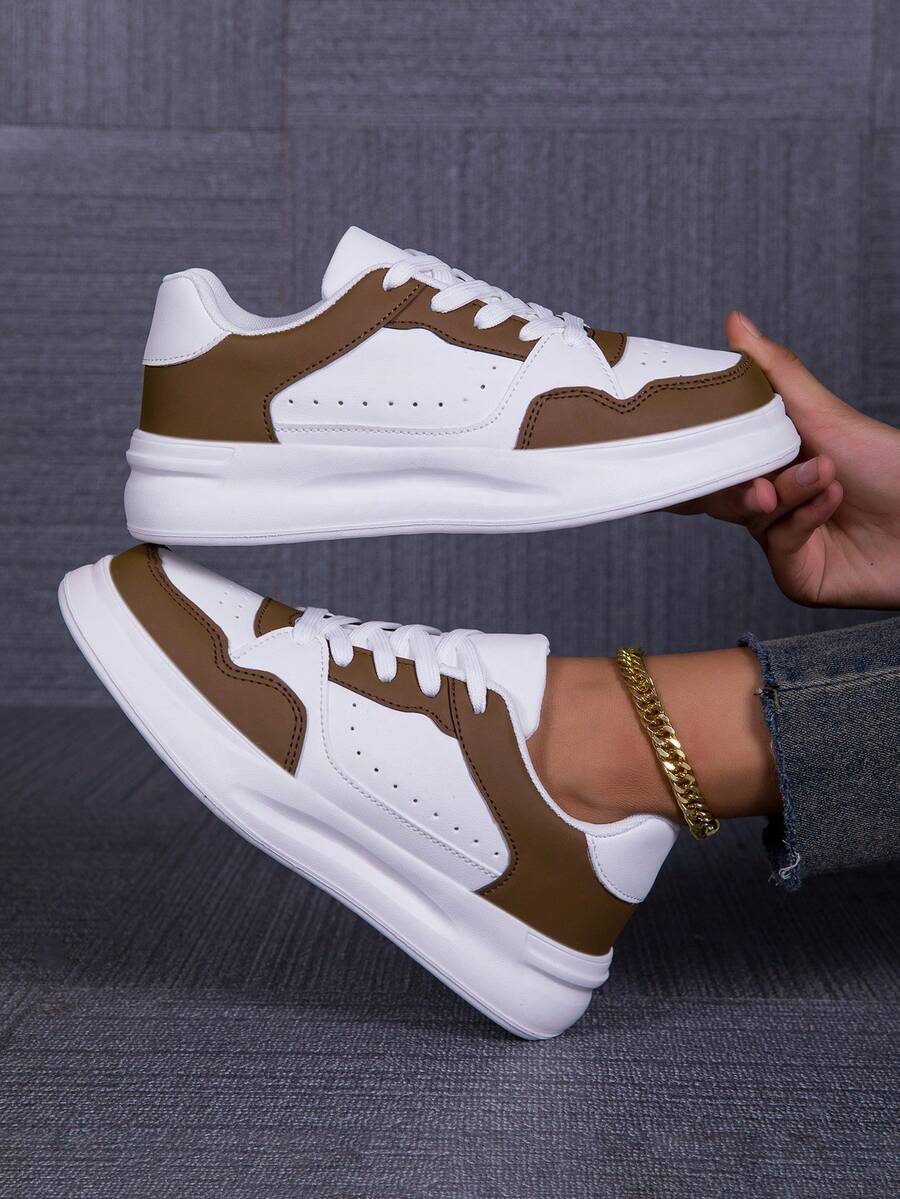 女士休闲简约软底系带圆头厚底轻便舒适运动鞋 - 咖啡棕 - 查看 1