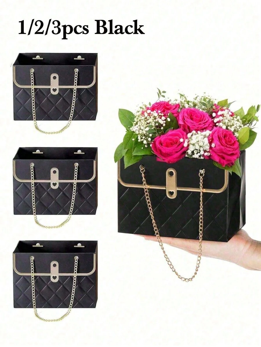 1/2/3 件黑色便携式鲜花玫瑰包装盒长方形包装袋适用于鲜花店婚礼情人节母亲节生日派对礼物 - 彩色 - 查看 1