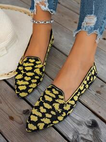 女士黄色钩环纹理尖头平底便鞋，时尚钩编透气休闲鞋 - 黃色 - 查看 4