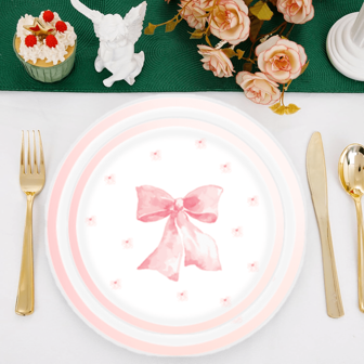 7/9 Inch Pink Bow Cartoon Pattern Disposable Paper Plate, Princess Themed Disposable Plates Suitable For Wedding, Birthday, Picnic, Christmas Party