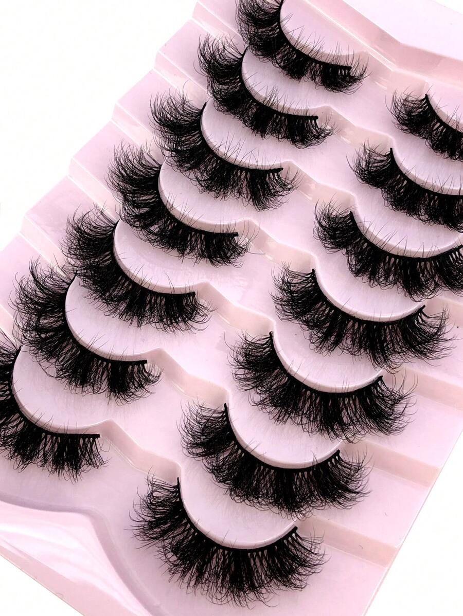 全新 7 对俄罗斯卷经典猫眼人造貂皮假睫毛，自然 DD 卷曲蓬松仿睫毛，交叉纤细戏剧卷仿貂皮睫毛延长，打造自然妆容 - 黑色 - 查看 1