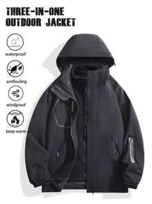 1pc Women Outdoor Sports Mountain Hiking Camping Skiing Windproof Waterproof Thermal Lined 3-In-1 Heated Insulated Hooded Jacket