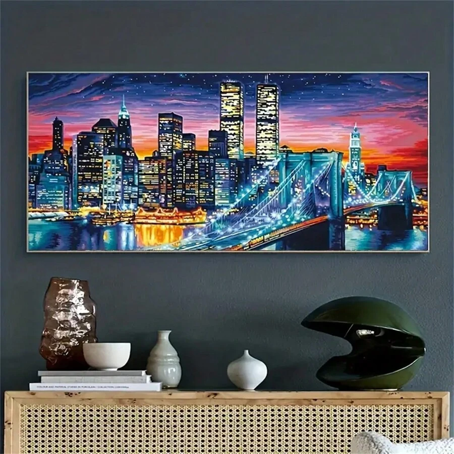 Bộ tranh kim cương 5D DIY dành cho người lớn mới bắt đầu, kích thước lớn cảnh thành phố về đêm, tranh kim cương thêu chữ thập, tranh kim cương pha lê, tranh nghệ thuật trang trí tường, quà tặng Giáng sinh, Halloween - Nhiều màu - Xem 1