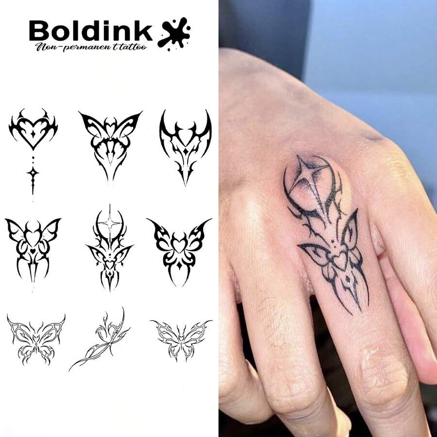 Boldink Công nghệ hình xăm không vĩnh viễn, Thiết kế lấy cảm hứng từ bướm, Không thấm nước và chân thực, Dễ sử dụng và áp dụng, Kéo dài 1-2 tuần, Thích hợp cho người mới bắt đầu, Hiệu ứng hình xăm chân thực, Hình xăm tạm thời bền và tối giản - màu đen - Xem 1