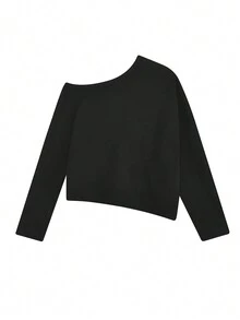 女式马海毛露肩不对称下摆宽松毛衣，长袖上衣