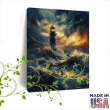 1pc Wooden Framed Canvas Painting Lighthouse At Night, Birds, Ocean Waves, Moody AtmosphereHalloween Christmas Home Decorating Gifts - 其它 - 查看 3