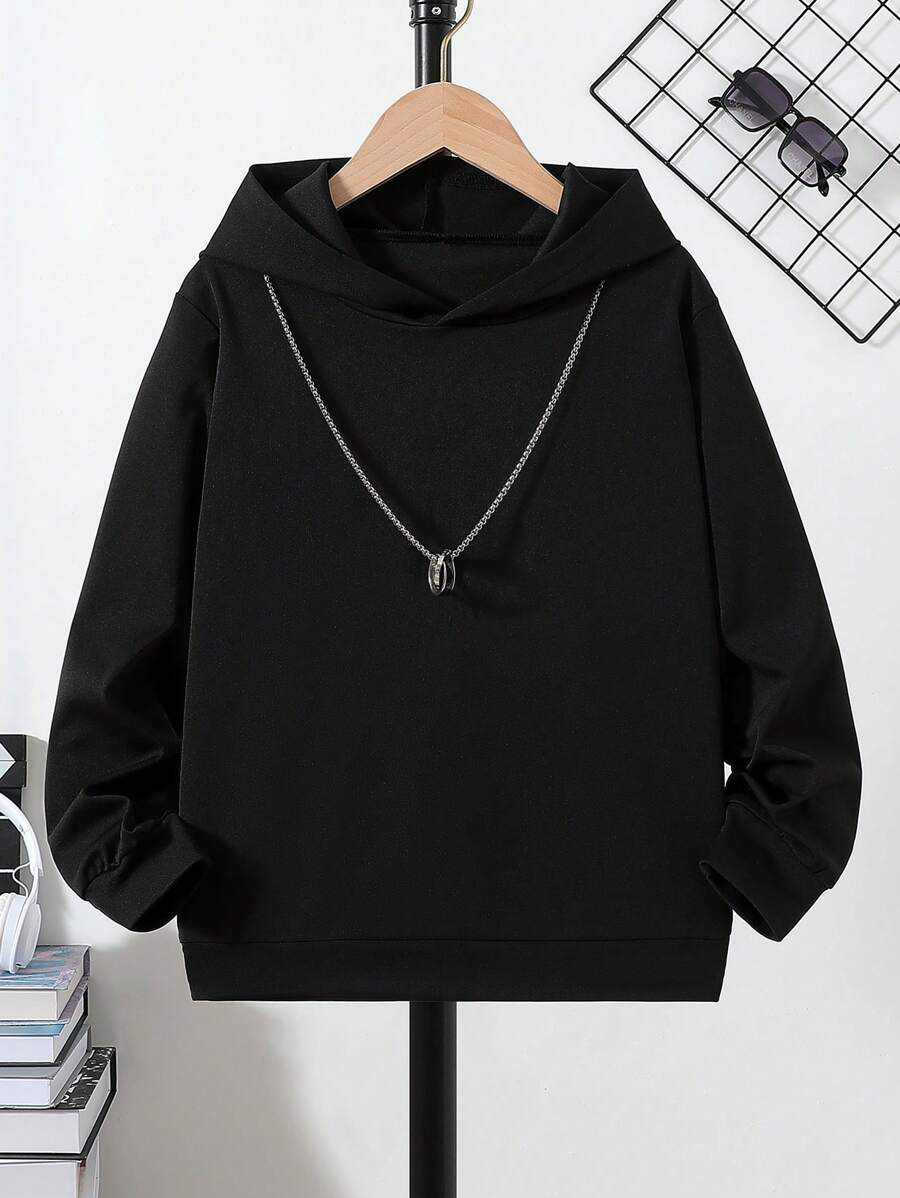 Tween Boy 休闲纯色长袖连帽运动衫，适合户外活动的运动服，春/秋季 - 黑色 - 查看 1