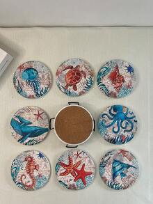 1 件陶瓷杯垫，简约海洋动物圆形耐热防滑垫，适用于餐桌或办公室使用 - 杯墊 - 查看 6