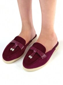 Fall/Winter Women's Comfortable Casual Style Burgundy Velvet Round Toe Flat Loafers,Mule - Burgundy - View 6