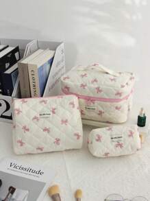 1 件白色背景粉色蝴蝶结绗缝设计手提包化妆包，时尚休闲大容量便携式拉链化妆包，旅行和度假必需品化妆包，适用于卫生巾、袋垫、Airpods、有线耳机、Earpods、耳机、充电器、口红、化妆品、香水、护肤品和美容产品、家居装饰、适合妈妈、女性、护士、学生、女学生、钥匙、节日礼物 - 粉色 - 查看 4