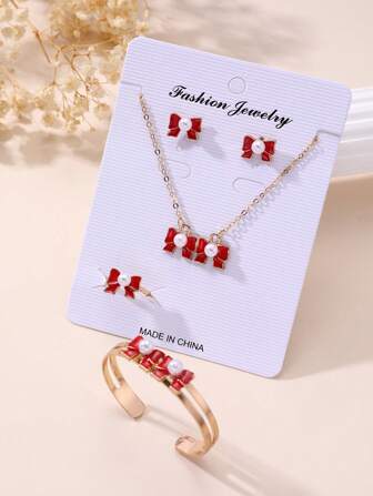 5-teiliges Schmuckset für Mädchen mit Perlen & Schleifen-Dekor, bestehend aus Halskette, Ohrringen, Ring und Armband