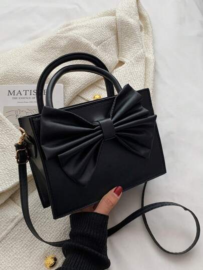 DAZY Solid Color Bow Decor Handheld Tote Bag, Suitable For Women's Daily Use, Valentines, Fashionable Bow Purse For Women