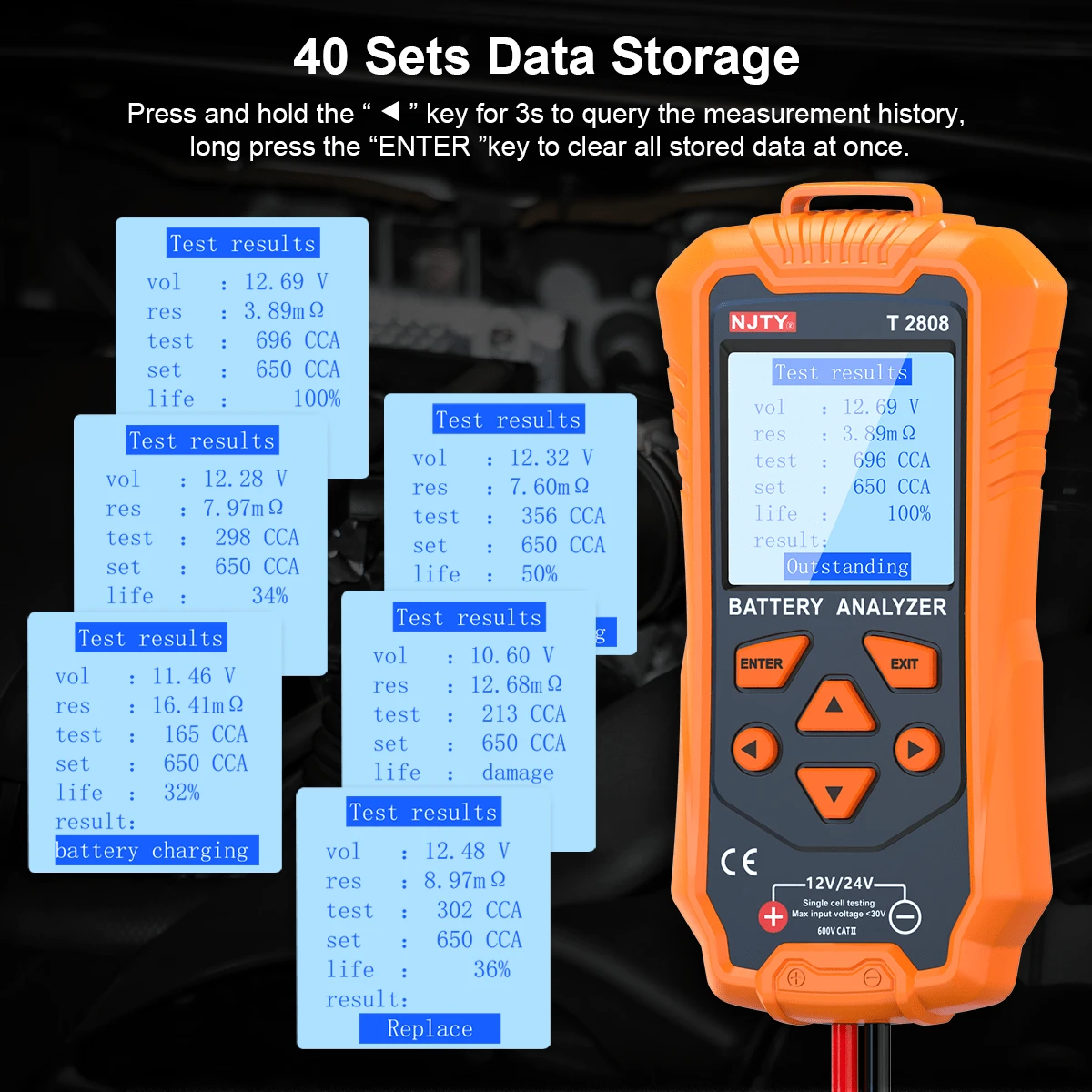 1pc NJTY Car Battery Tester, 12V/24V Battery Analyzer, 1001700CCA,100