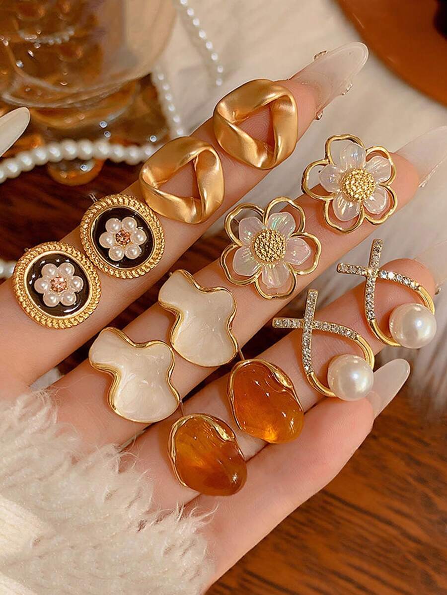 6pcs/Set Vintage Red Cat Eye Faux Pearl Wrap Earrings, Luxury Niche Design, High-End Festive Christmas, Minimalist Versatile Personalized Earring Set Suitable For Women's Daily & Holiday Wear