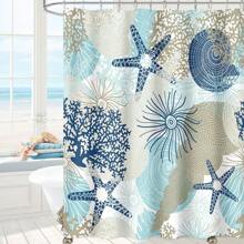1 件贝壳、海星和珊瑚图案防水防霉浴帘，海洋主题浴室窗帘，现代简约设计，180x180cm，包括 12 个浴钩 - 藍色 - 查看 1