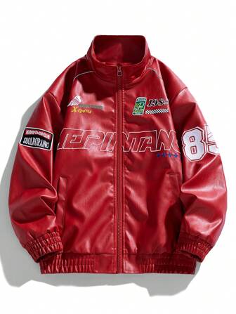 男士春秋长袖 PU 皮革机车夹克，带字母刺绣，垃圾摇滚