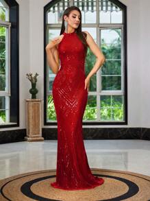 Red Sleeveless Halter Neck Sequin Floor Length Evening Gown (Front Top Half, Random Floral Pattern On Back), Formal Prom Dress, Party Dress For Wedding Guest, Graduation, Dinner - 紅色 - 查看 5