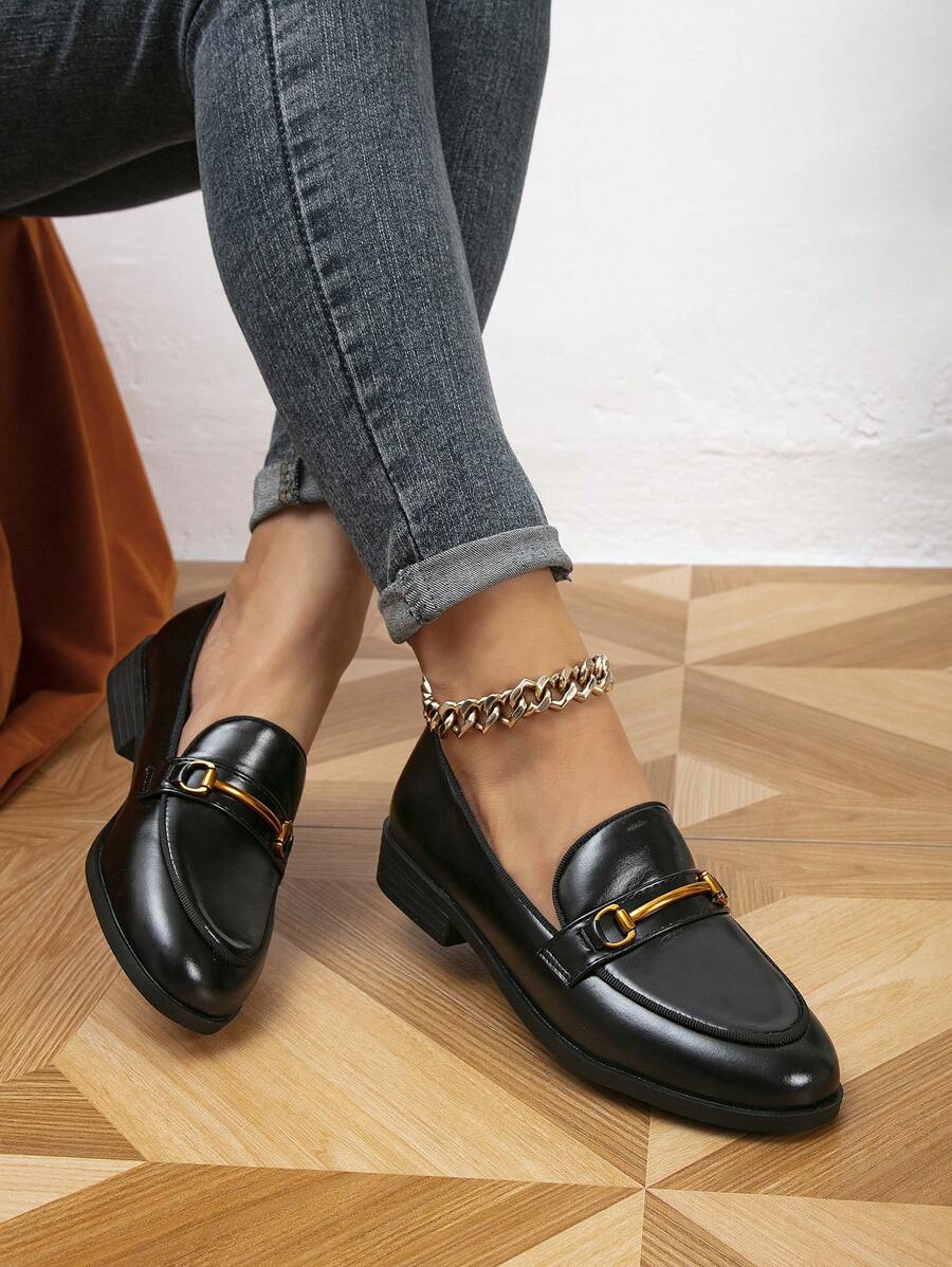 Women's Round Toe Metal Buckle Loafers, Comfortable Flat Slip-On Shoes, Suitable For Spring & Autumn - Black - View 1