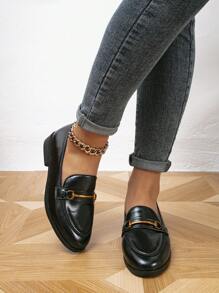 Women's Round Toe Metal Buckle Loafers, Comfortable Flat Slip-On Shoes, Suitable For Spring & Autumn - Black - View 4