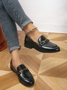 Women's Round Toe Metal Buckle Loafers, Comfortable Flat Slip-On Shoes, Suitable For Spring & Autumn - Black - View 3
