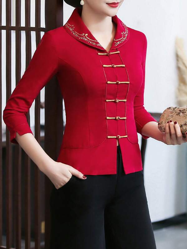 Cardigan Retro Tang Suit Top With Three-Quarter Sleeves - Exquisite Embroidered Sequins, Classic Lapel Design - Traditional Chinese Style Women Clothing, Authentic Cultural Inspiration, Can Be Worn In Spring/Summer/Autumn