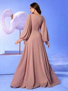 UNITHORSE Váy voan rộng rãi tay đèn lồng cổ chữ V thanh lịch, xếp ly eo, thiết kế chữ thập, váy phù dâu, trang phục sinh nhật cho phụ nữ, váy tốt nghiệp, váy trang trọng - Bụi hồng - Xem 2