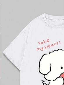 Cute Dog Print T-Shirt Take My Heart T-Shirt Unisex Streetwear Comfortable Short Sleeve Tops - trắng - Xem 4