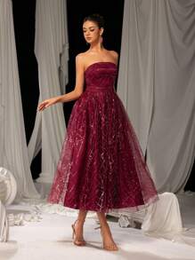 Faeriesty 优雅露肩系带后背缎面舞会礼服，半正式礼服，适合生日、婚礼宾客、毕业返校节 - 酒紅色 - 查看 4