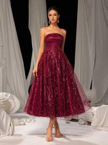 Faeriesty 优雅露肩系带后背缎面舞会礼服，半正式礼服，适合生日、婚礼宾客、毕业返校节 - 酒紅色 - 查看 2