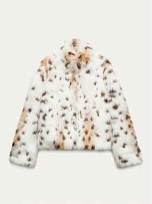 Jesienno-zimowy damski płaszcz z dużym kołnierzem, łatami i nadrukiem w panterkę, ze sztucznego futra, chroniący przed zimnem.