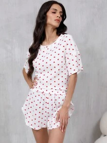 2件套女士甜心印花短袖短裤休闲圆领睡衣 - 白色 - 查看 4