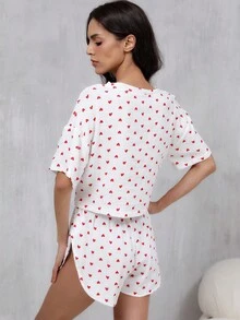 2件套女士甜心印花短袖短裤休闲圆领睡衣 - 白色 - 查看 8