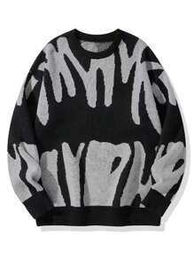 Fashion Pattern Crew Neck Long Sleeve Casual Pullover Graphic Drop Shoulder Monogram School Streetwear Spring Break Outfits Halloween Knit Sweater