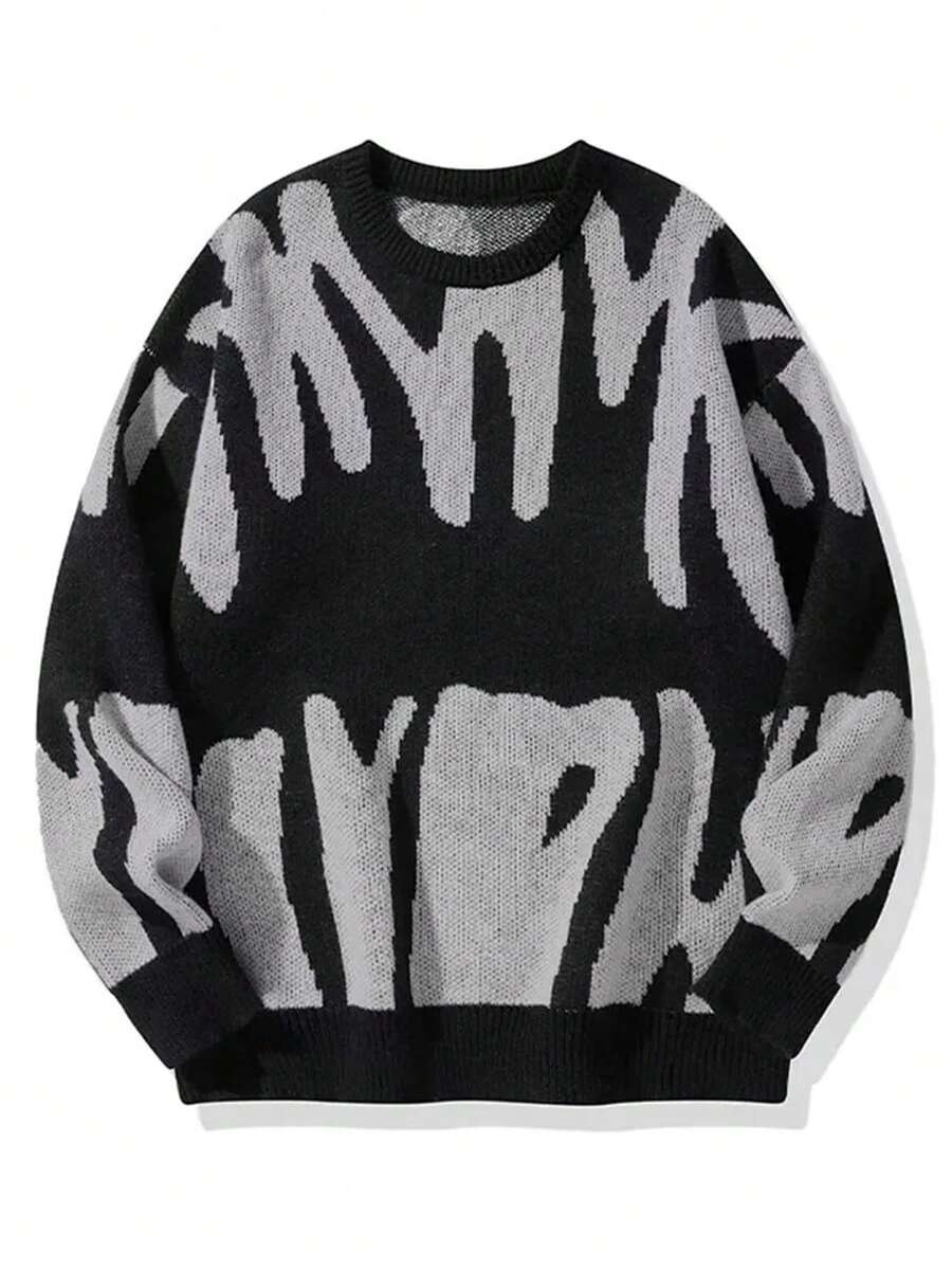 Fashion Pattern Crew Neck Long Sleeve Casual Pullover Graphic Drop Shoulder Monogram School Streetwear Spring Break Outfits Halloween Knit Sweater