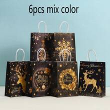 6/12/18/24pcs/Set 21*15*8CM Christmas Kraft Paper Gift Bags, Different Style Christmas Wrapping Paper Bags, Christmas Gift Bags With Handles, Reusable Candy Snack Bags, Bulk For Holiday Party Gifts