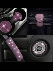 7pcs/Set Faux Crystal Car Steering Wheel Cover, Gear Shift Knob, Seat Belt Pad, Cup Holder Coaster, Start Button Decorative Ring Trim Interior Accessories Set, Purple Car Accesaories,Car Acessesories Women - 粉色 - 查看 3