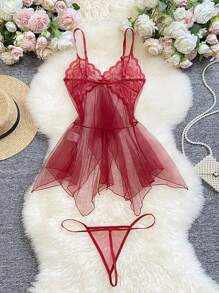 1 件女士加大码性感内衣蕾丝透视睡裙吊带裙 - 紅色 - 查看 1