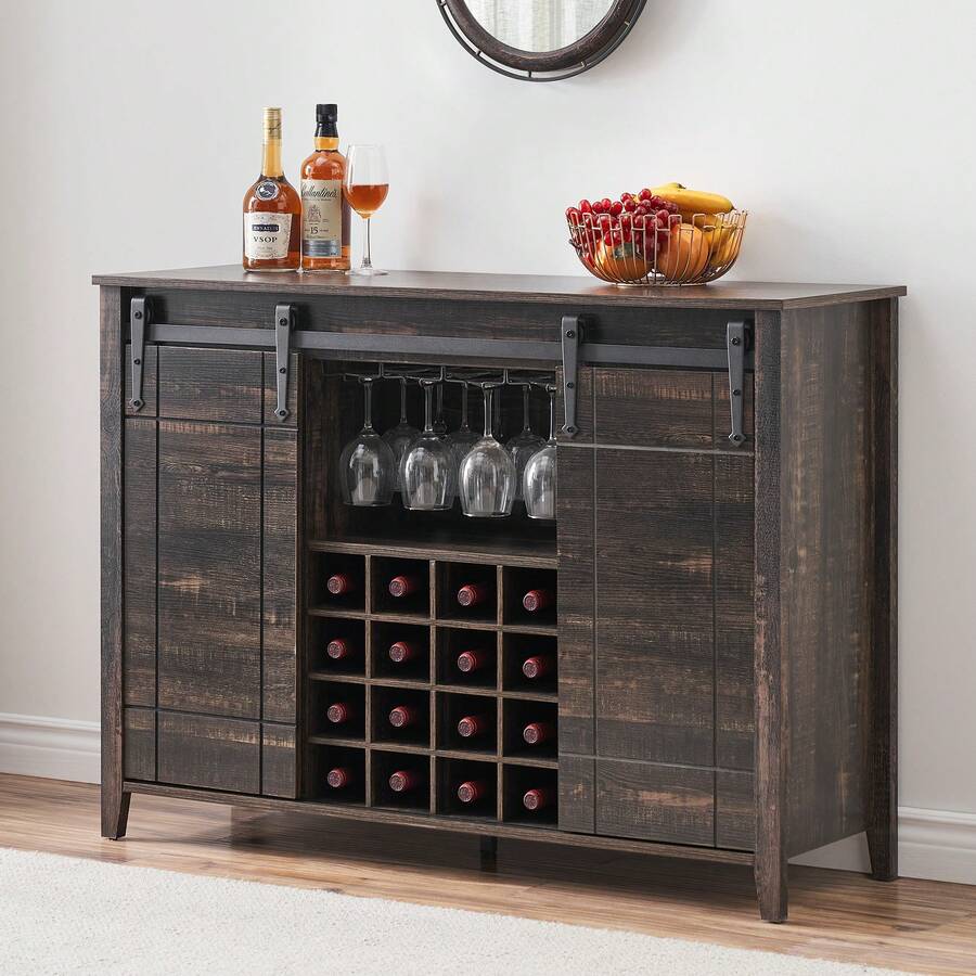 Farmhouse Coffee Bar Buffet Cabinet, 47" Wine Bar Cabinet With Sliding Barn Door, 16 Bottle Wine Racks (Fire Color/Light Ivory/Brown/White) - Fire Color - View 1