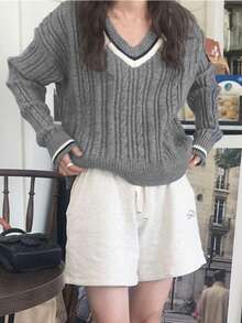Women's Casual V-Neck Long Sleeve Striped Sweater, Autumn/Winter 2024