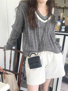 Women's Casual V-Neck Long Sleeve Striped Sweater, Autumn/Winter 2024