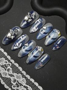 10 件/套浅蓝色扎染渐变手绘花卉水钻蝴蝶中号杏仁形手工指甲贴 - 淺藍色 - 查看 3