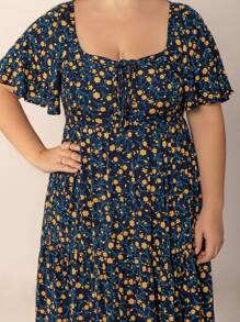 Bohemian Print Tie-Up Flowy Hem Casual Plus Size Dress, Suitable For Easter Beach Outfit, Hawaiian Music Festival And Tropical Vacation Elegant Summer - Blue - View 8