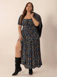 Bohemian Print Tie-Up Flowy Hem Casual Plus Size Dress, Suitable For Easter Beach Outfit, Hawaiian Music Festival And Tropical Vacation Elegant Summer - Blue - View 1