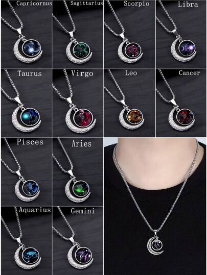 1pc Stainless Steel 12 Zodiac Signs Necklace With Vintage Moonstone Glow-In-The-Dark Pendant
